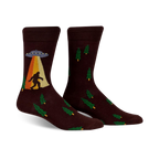 Brown crew socks featuring a Bigfoot sighting, UFO, and green trees.  Fun, quirky design.