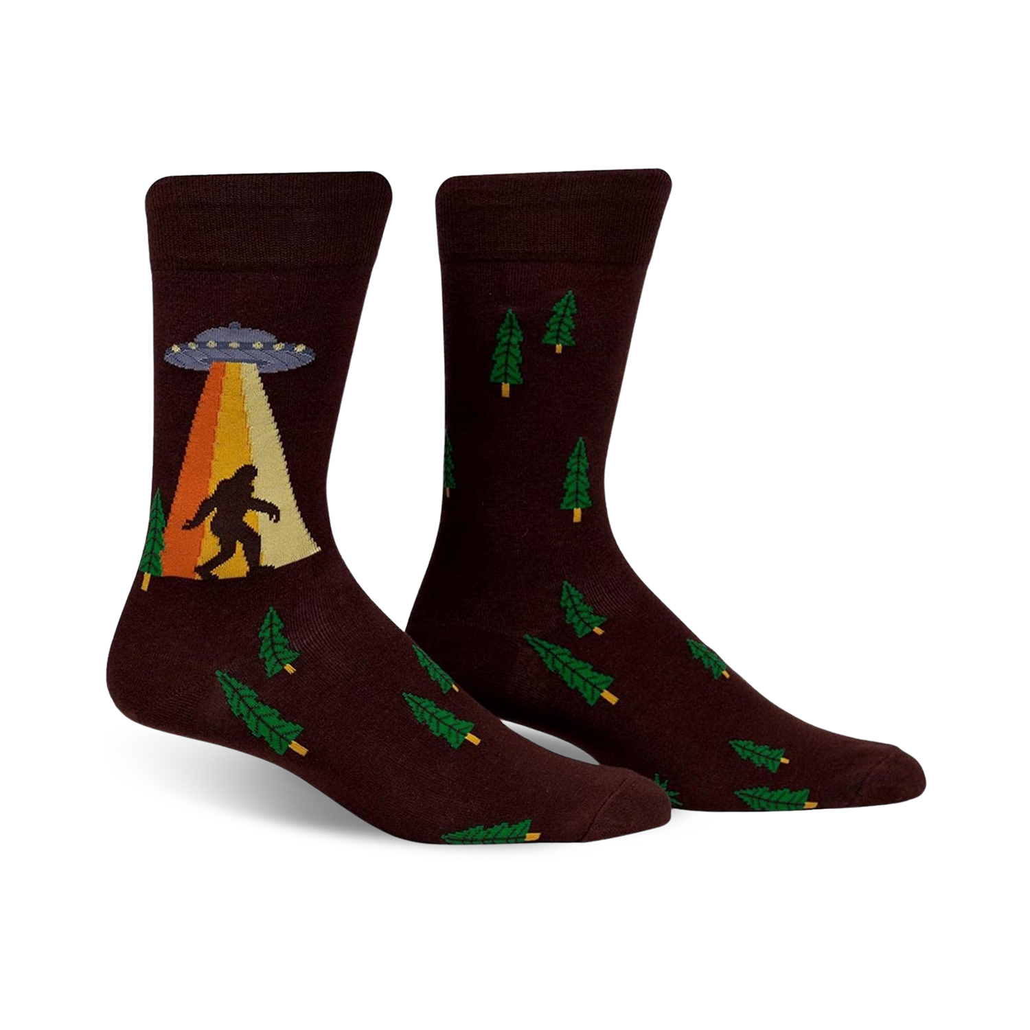 Brown crew socks featuring a Bigfoot sighting, UFO, and green trees.  Fun, quirky design.