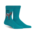 Pair of teal crew socks.  One sock shows a brown mohawked donkey with 'BAD ASS' written above it.