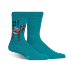 Pair of teal crew socks.  One sock shows a brown mohawked donkey with 'BAD ASS' written above it.
