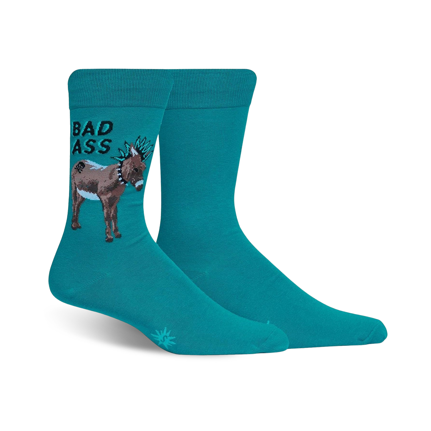 Pair of teal crew socks.  One sock shows a brown mohawked donkey with 'BAD ASS' written above it.
