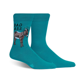 teal crew socks featuring donkey wearing a spiked collar and the words "bad ass".   