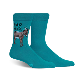 teal crew socks featuring donkey wearing a spiked collar and the words "bad ass".   