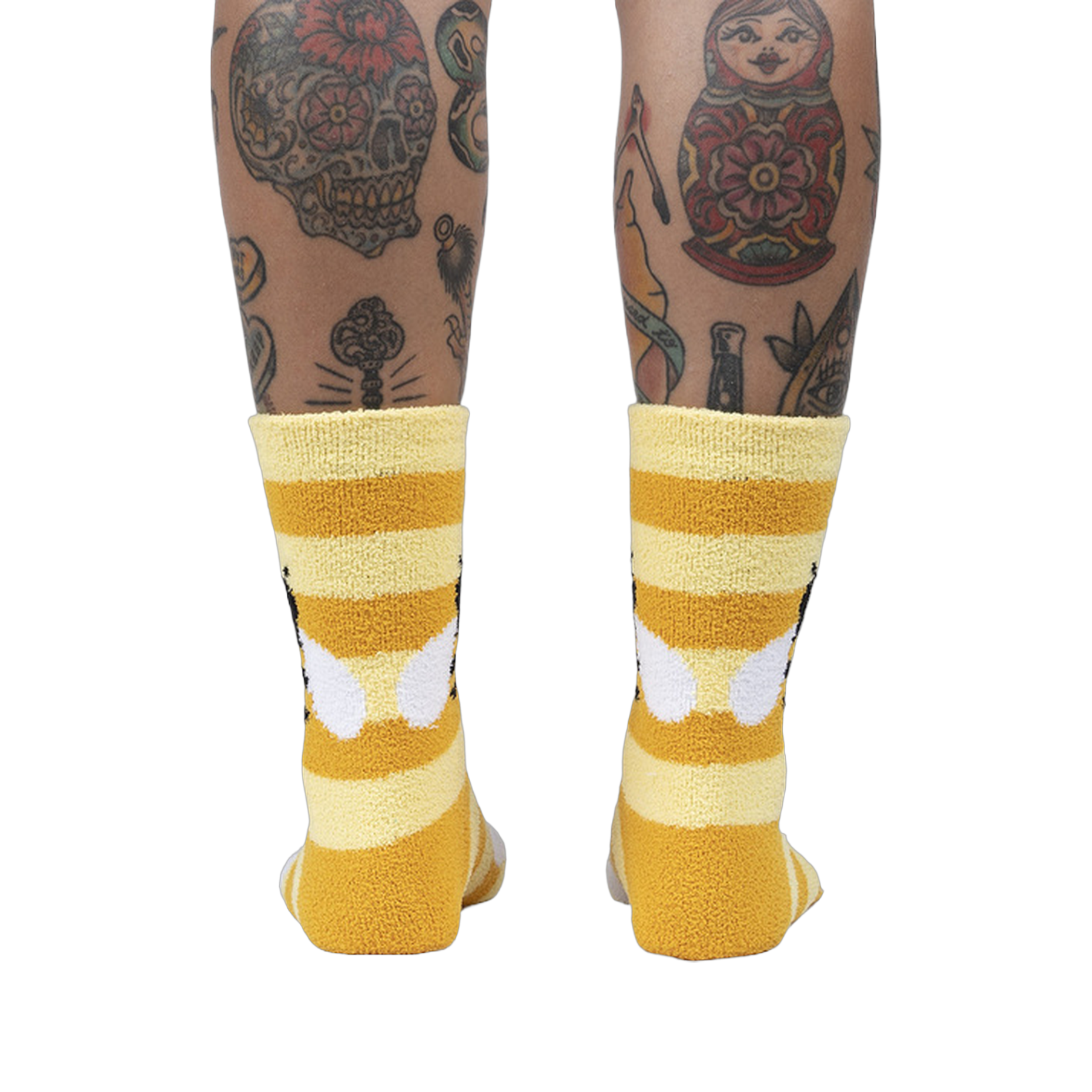 Back view of the Bee Cozy Slipper Socks on a person's legs.