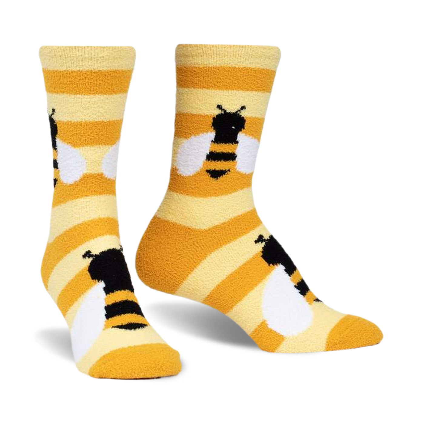 Pair of yellow and white striped slipper socks with embroidered bumblebees.  Fuzzy, cozy texture.
