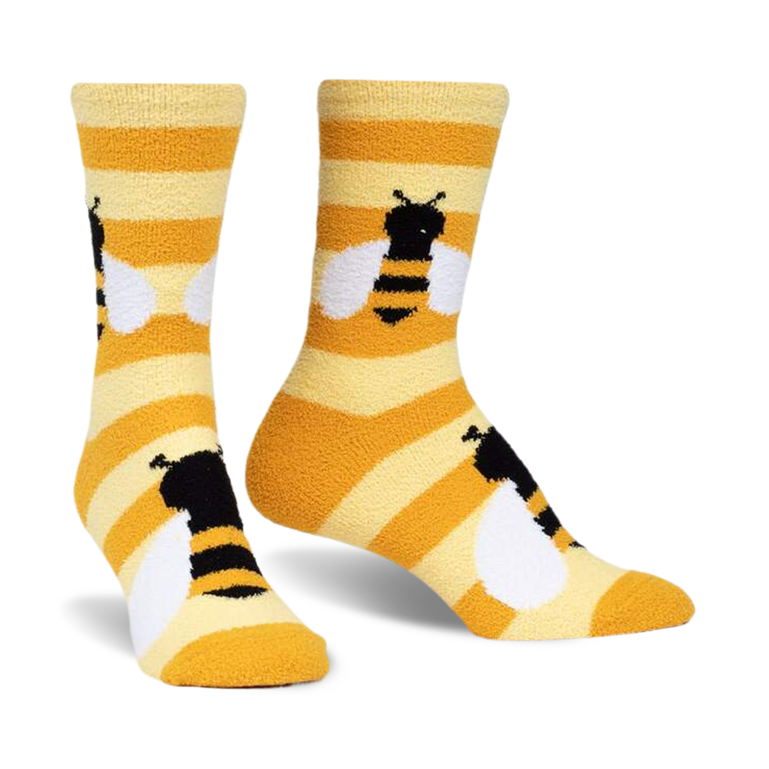 Pair of yellow and white striped slipper socks with embroidered bumblebees.  Fuzzy, cozy texture.