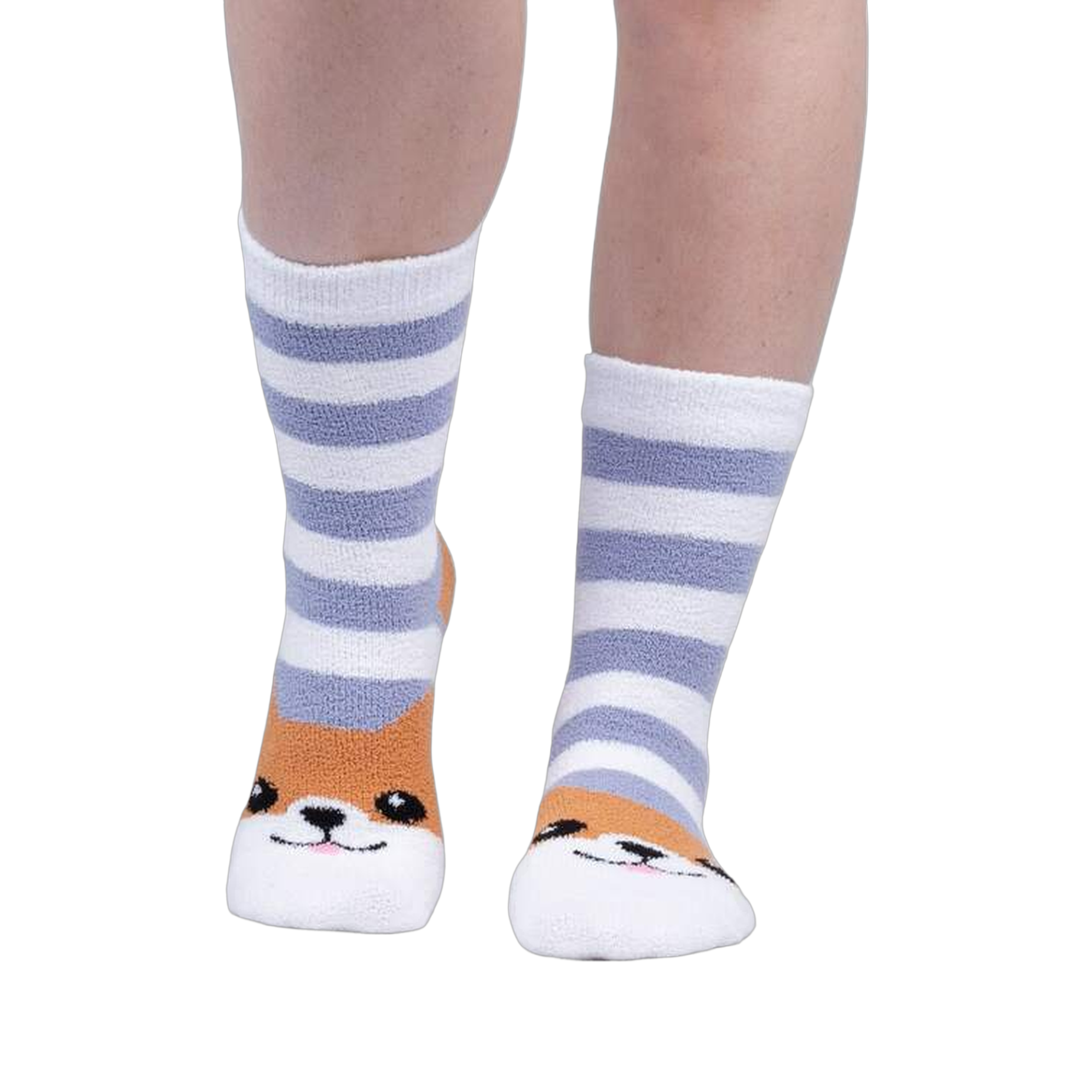 Lifestyle shot of a person wearing the Hey Corgeous Slipper Socks, showing the socks on their feet.