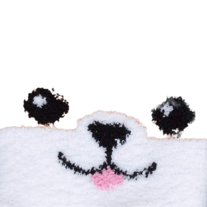 Close-up detail shot of the adorable dog face on the toes of the socks.