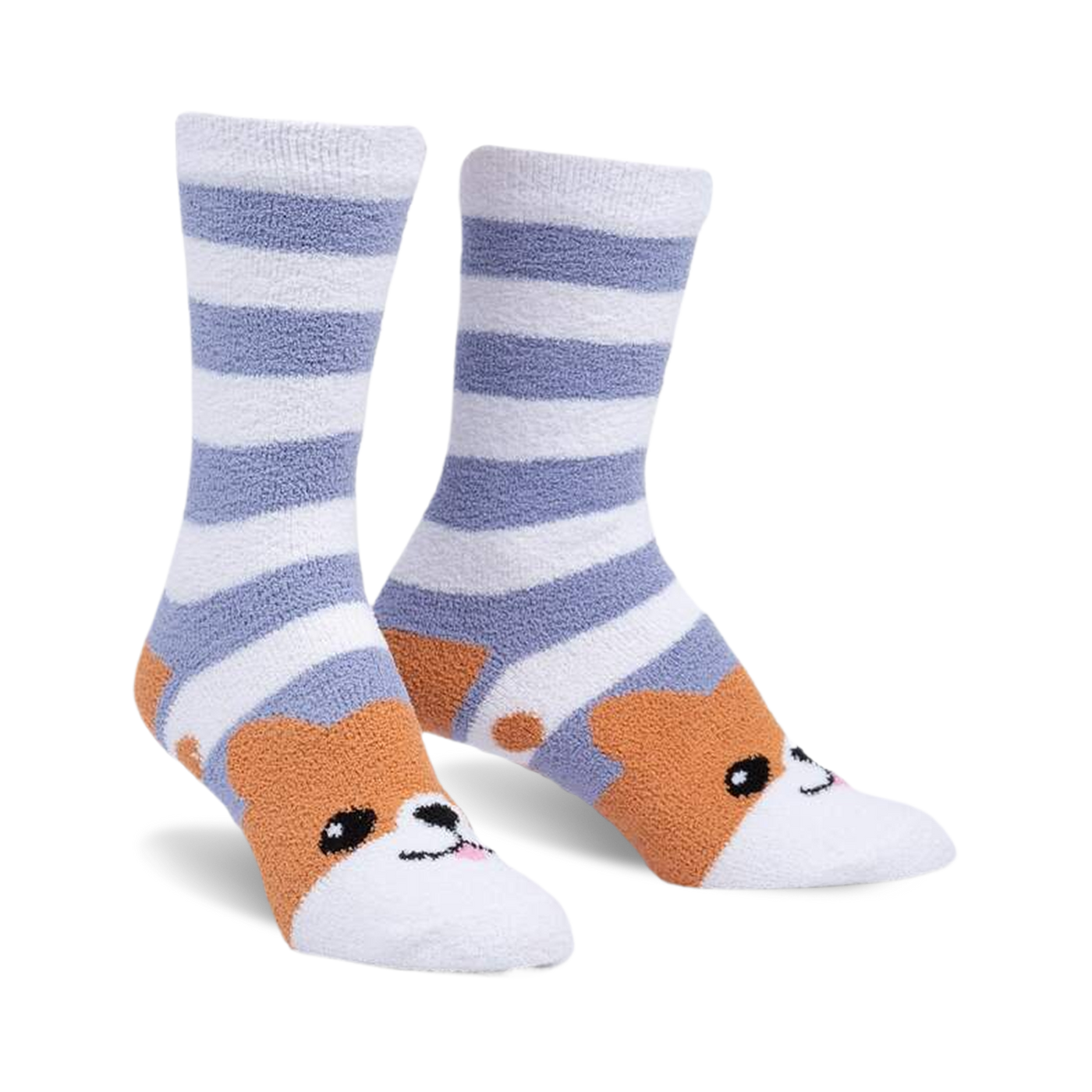 Pair of women's slipper socks; purple and white horizontal stripes, orange dog face on toes.