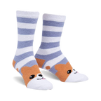 Pair of women's slipper socks; purple and white horizontal stripes, orange dog face on toes.