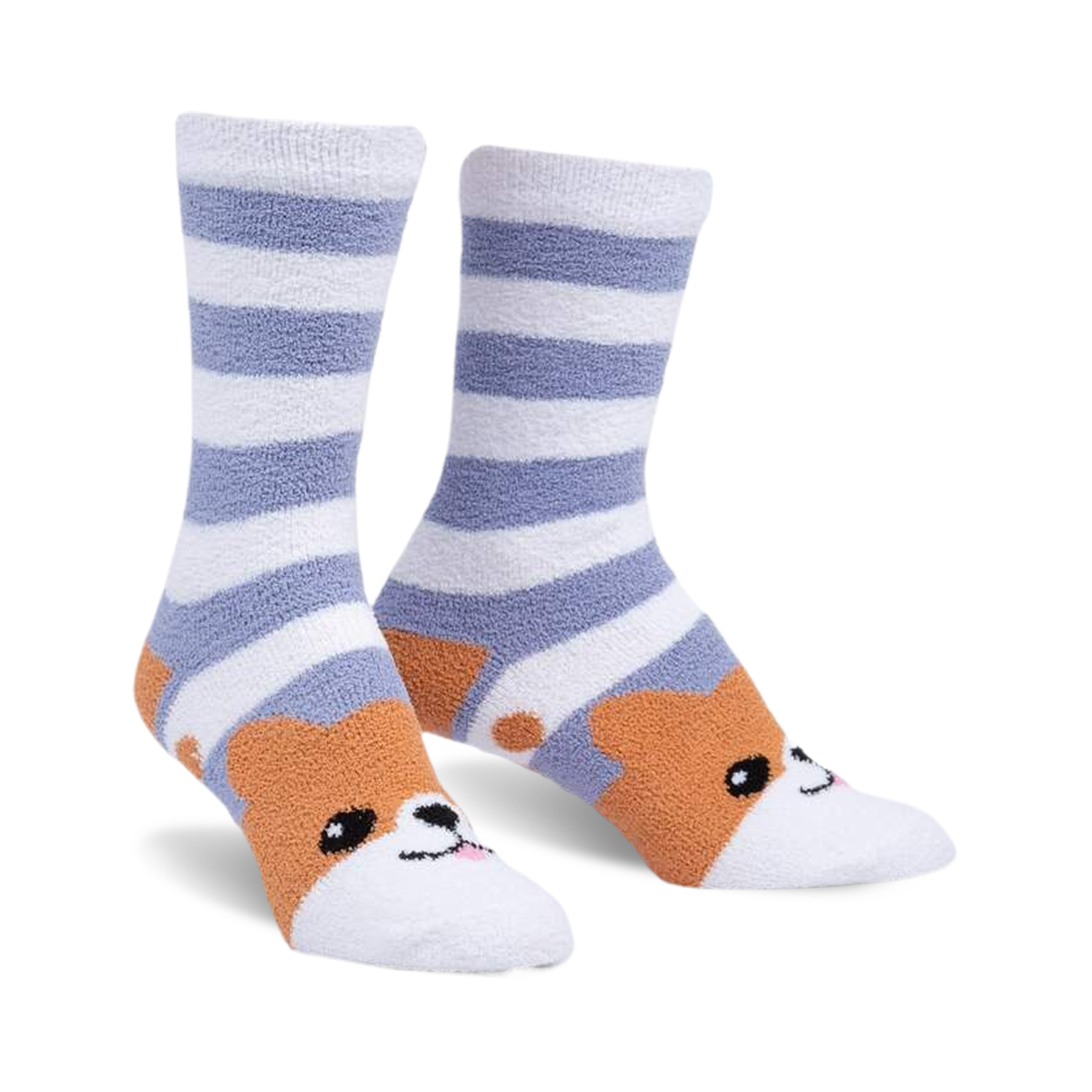 Pair of women's slipper socks; purple and white horizontal stripes, orange dog face on toes.