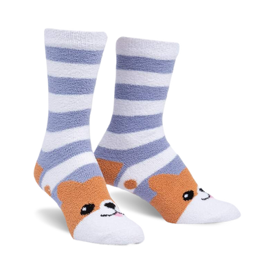 front view of a pair of socks with blue and white stripes and an orange animal face on each toe.