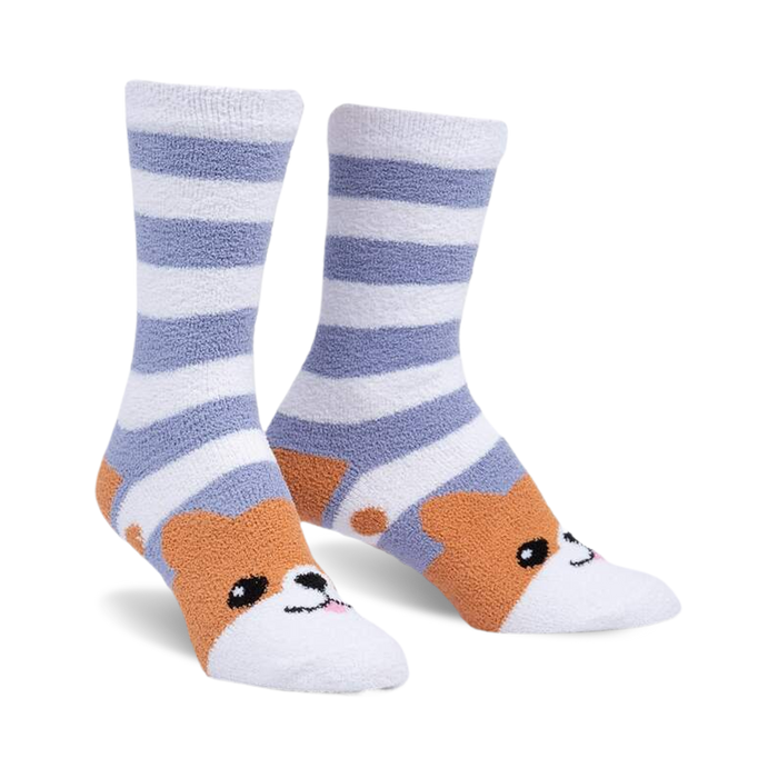 front view of a pair of socks with blue and white stripes and an orange animal face on each toe.