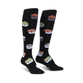 Pair of black knee-high socks with colorful, cute sushi illustrations.  Features various types of sushi like maki and nigiri.