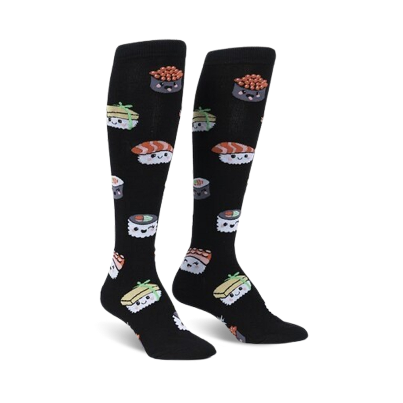 Pair of black knee-high socks with colorful, cute sushi illustrations.  Features various types of sushi like maki and nigiri.