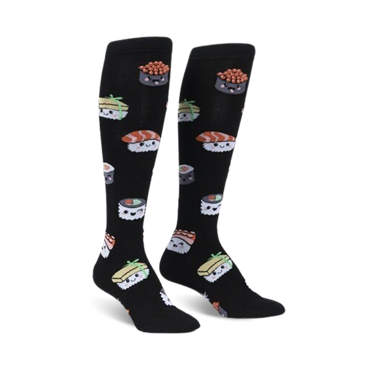 Pair of black knee-high socks with colorful, cute sushi illustrations.  Features various types of sushi like maki and nigiri.