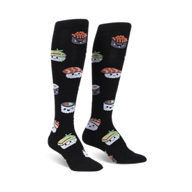 black knee high socks for women with a fun sushi pattern in cartoon style.  