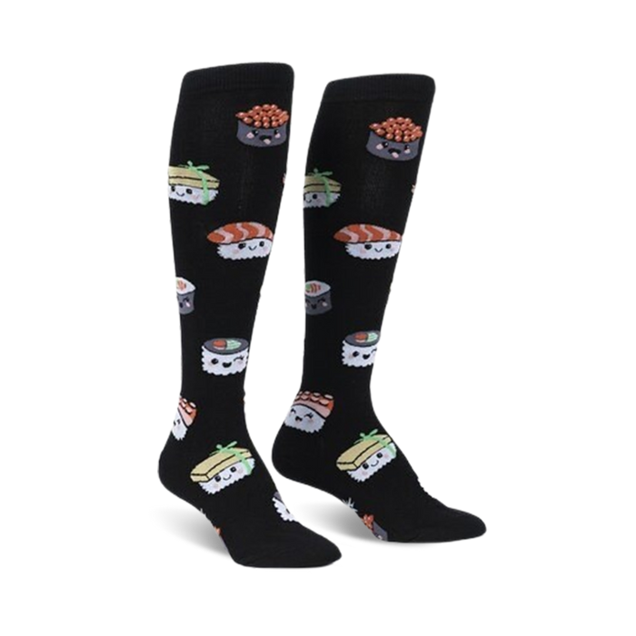 black knee high socks for women with a fun sushi pattern in cartoon style.   }}