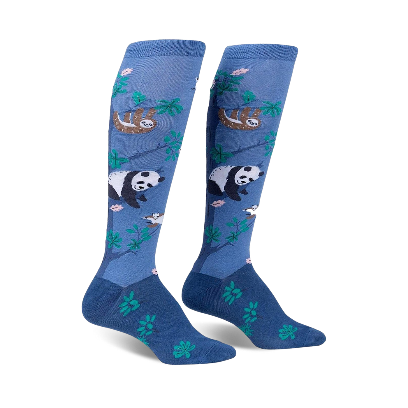Pair of knee-high socks in blue featuring pandas, sloths, and green leaves on a soft blue background.