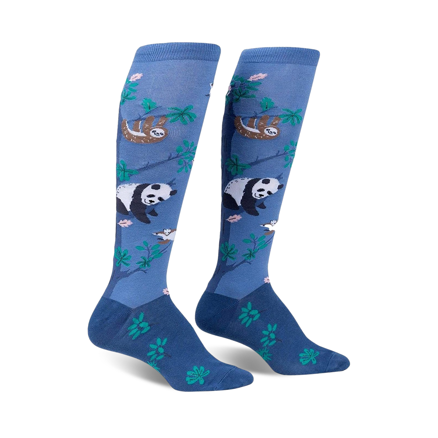 Pair of knee-high socks in blue featuring pandas, sloths, and green leaves on a soft blue background.
