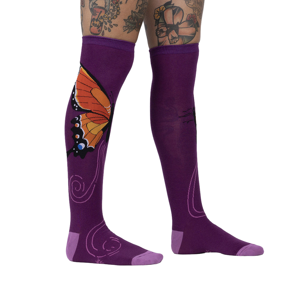 The Monarch knee-high socks shown on a model's legs, showcasing the fit and overall look.