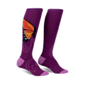 Pair of purple knee-high socks with an orange butterfly design and swirling patterns.  Features a lilac-colored cuff.