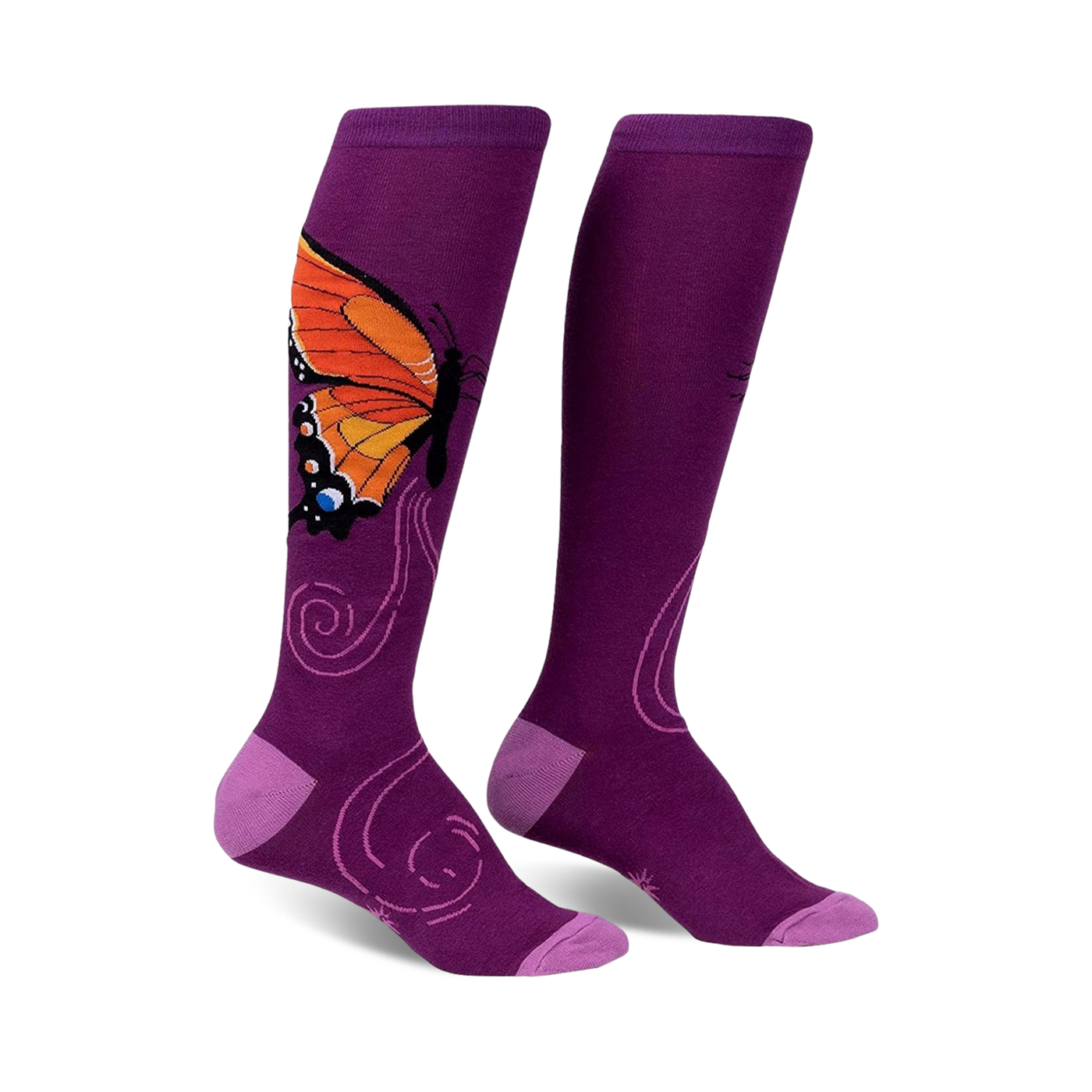 Pair of purple knee-high socks with an orange butterfly design and swirling patterns.  Features a lilac-colored cuff.