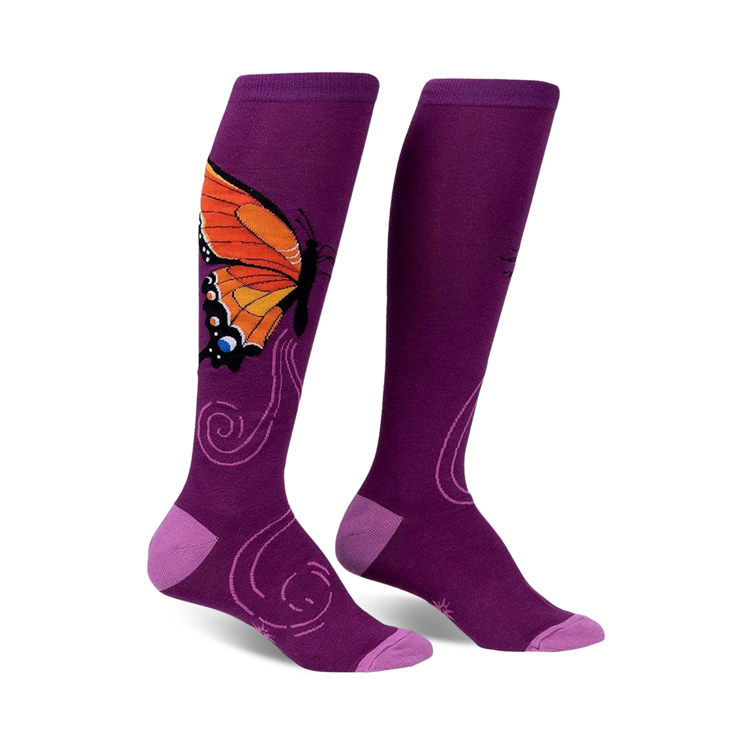 Pair of purple knee-high socks with an orange butterfly design and swirling patterns.  Features a lilac-colored cuff.