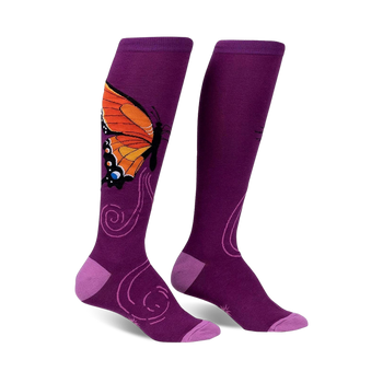 orange butterfly with black and blue markings knee-high socks for women.   