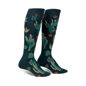 dark green knee-high socks for women, featuring vibrant cacti and flower patterns, exuding a lively desert vibe.  