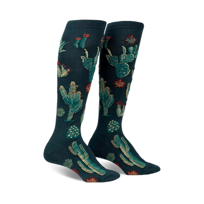 dark green knee-high socks for women, featuring vibrant cacti and flower patterns, exuding a lively desert vibe.  