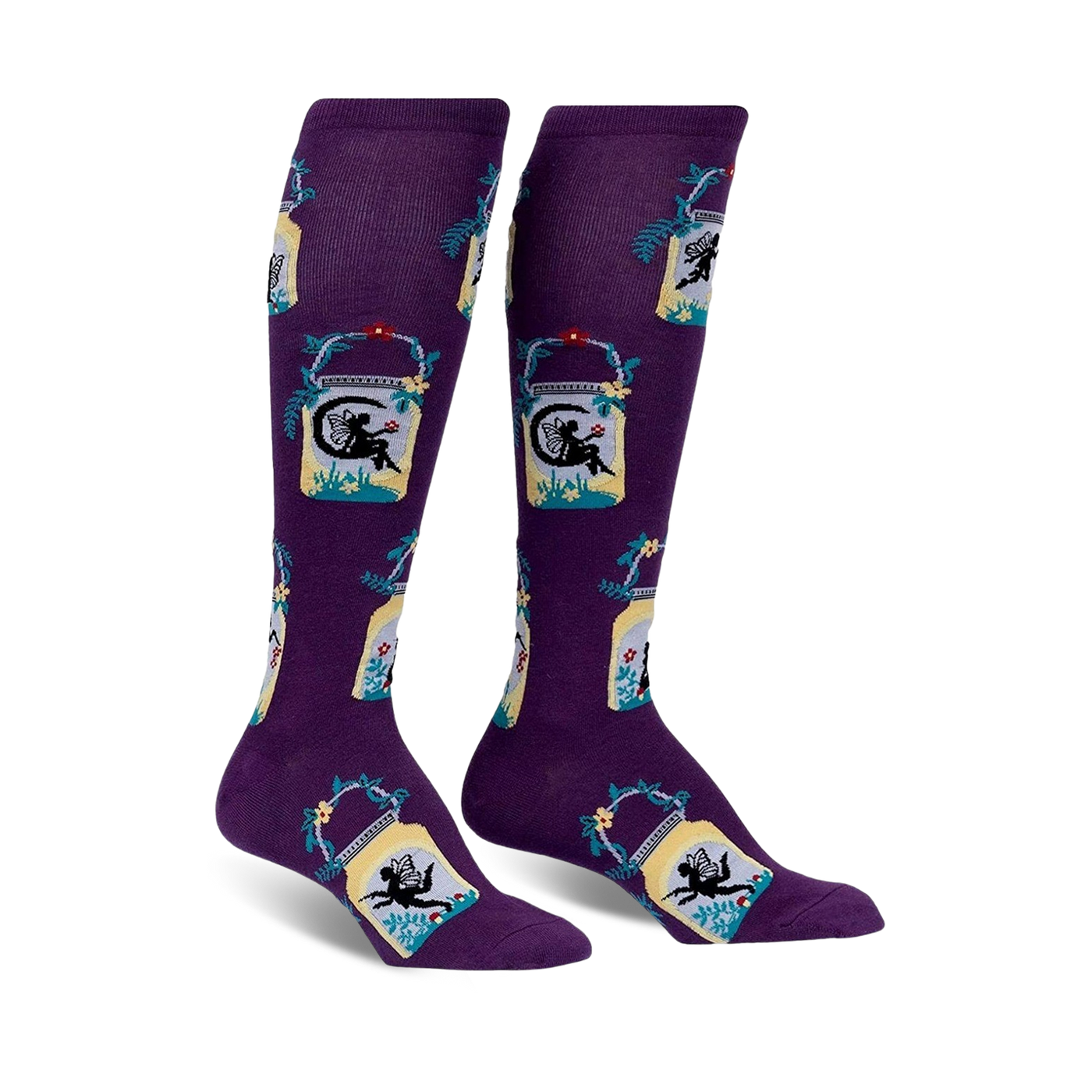 Pair of purple knee-high socks with a repeating pattern of fairies in mason jars, accented with teal and yellow.