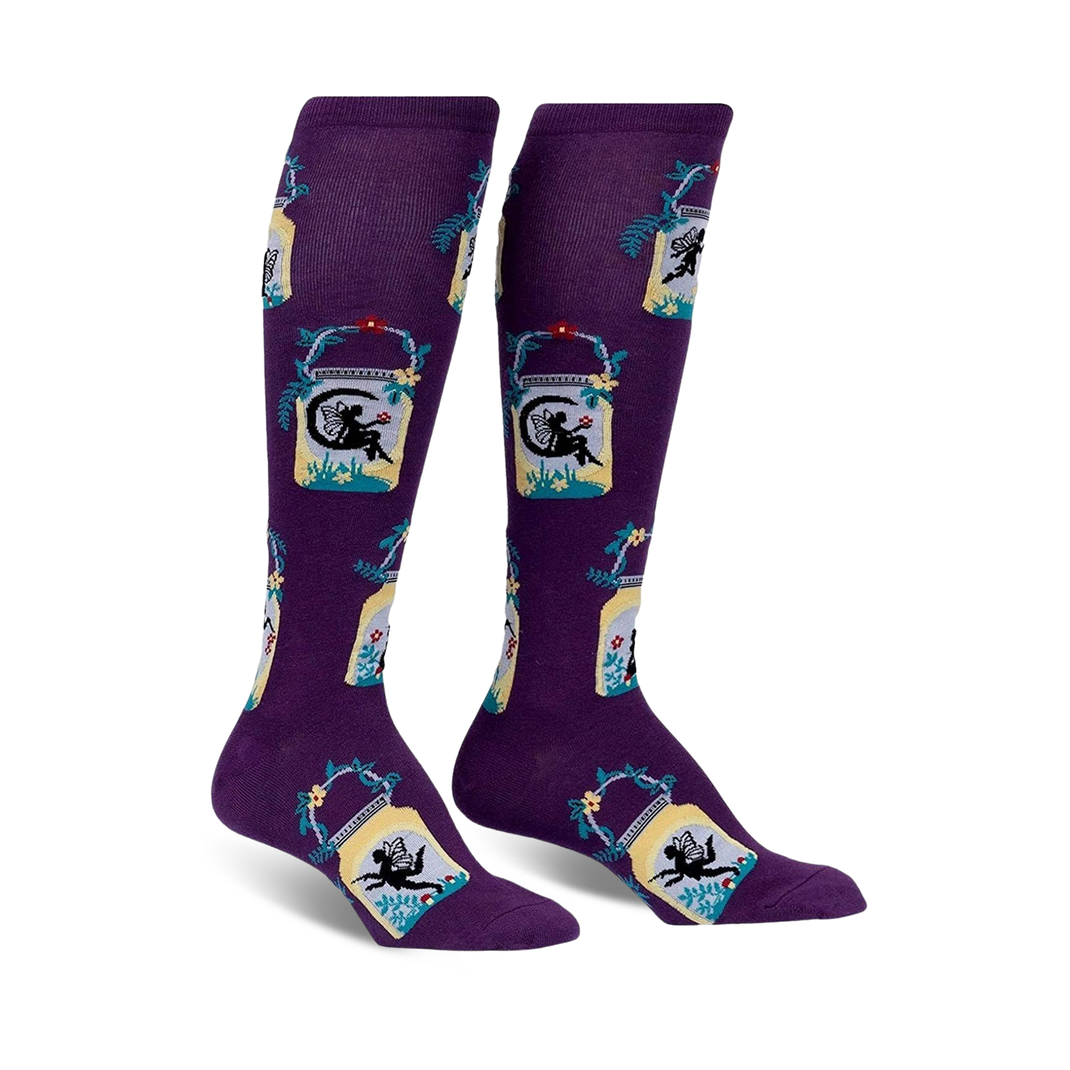 Pair of purple knee-high socks with a repeating pattern of fairies in mason jars, accented with teal and yellow.