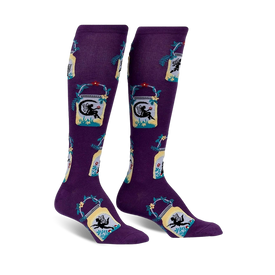 knee-high purple socks with a pattern of fairies, lanterns, leaves, and vines  