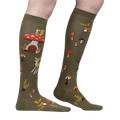 Close-up side view of the socks highlighting the details of the whimsical mushroom houses and woodland creatures.