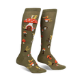 Pair of olive green knee-high socks with whimsical mushroom houses, squirrels, deer, and birds.  A charming forest design.