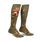 Pair of olive green knee-high socks with whimsical mushroom houses, squirrels, deer, and birds.  A charming forest design.