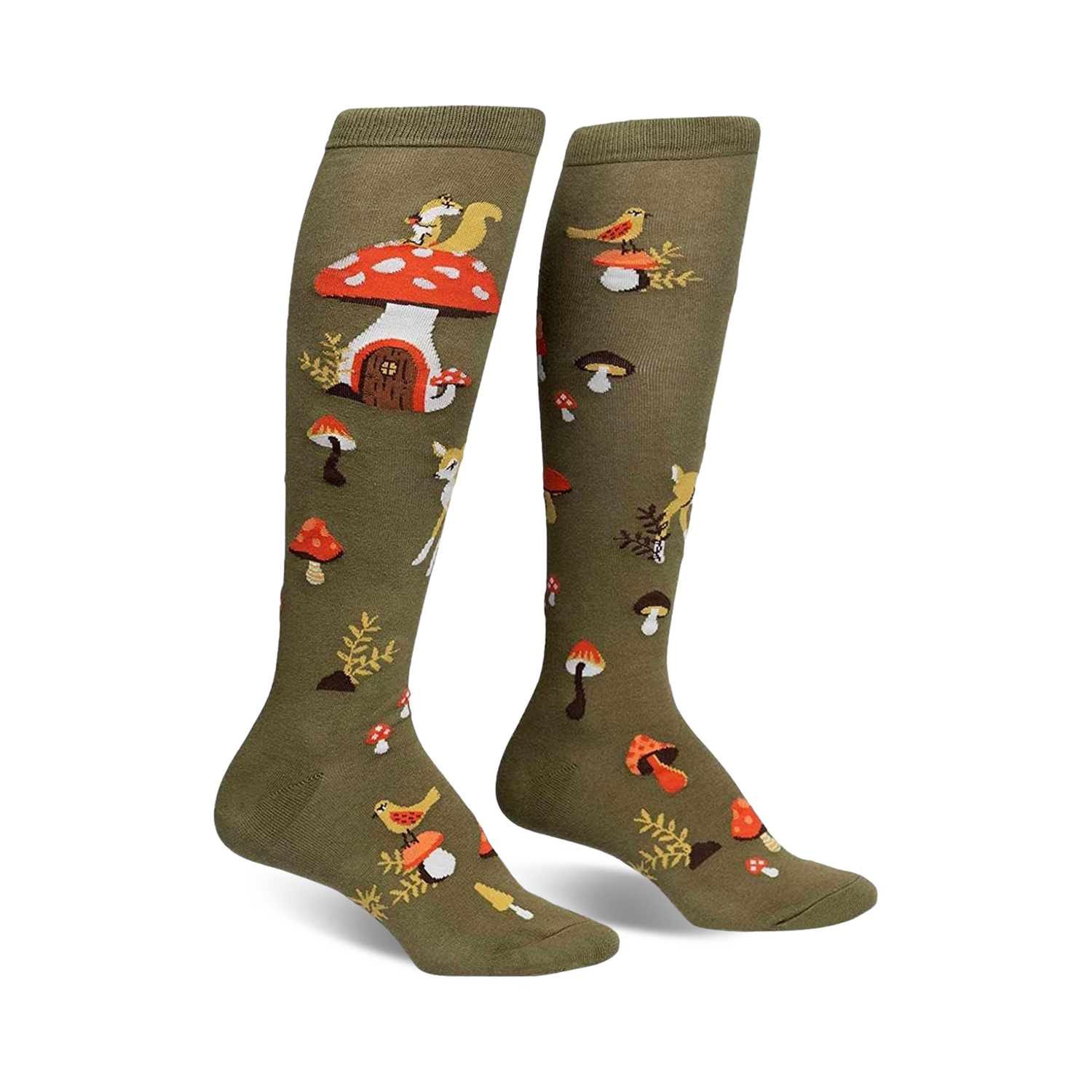 Pair of olive green knee-high socks with whimsical mushroom houses, squirrels, deer, and birds.  A charming forest design.