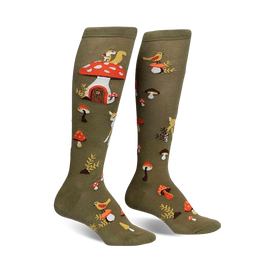 womens knee high mushroom themed socks with woodland animals.  