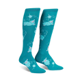 Pair of teal knee-high socks with a repeating pattern of light blue sheep playfully interacting with balls of yarn.