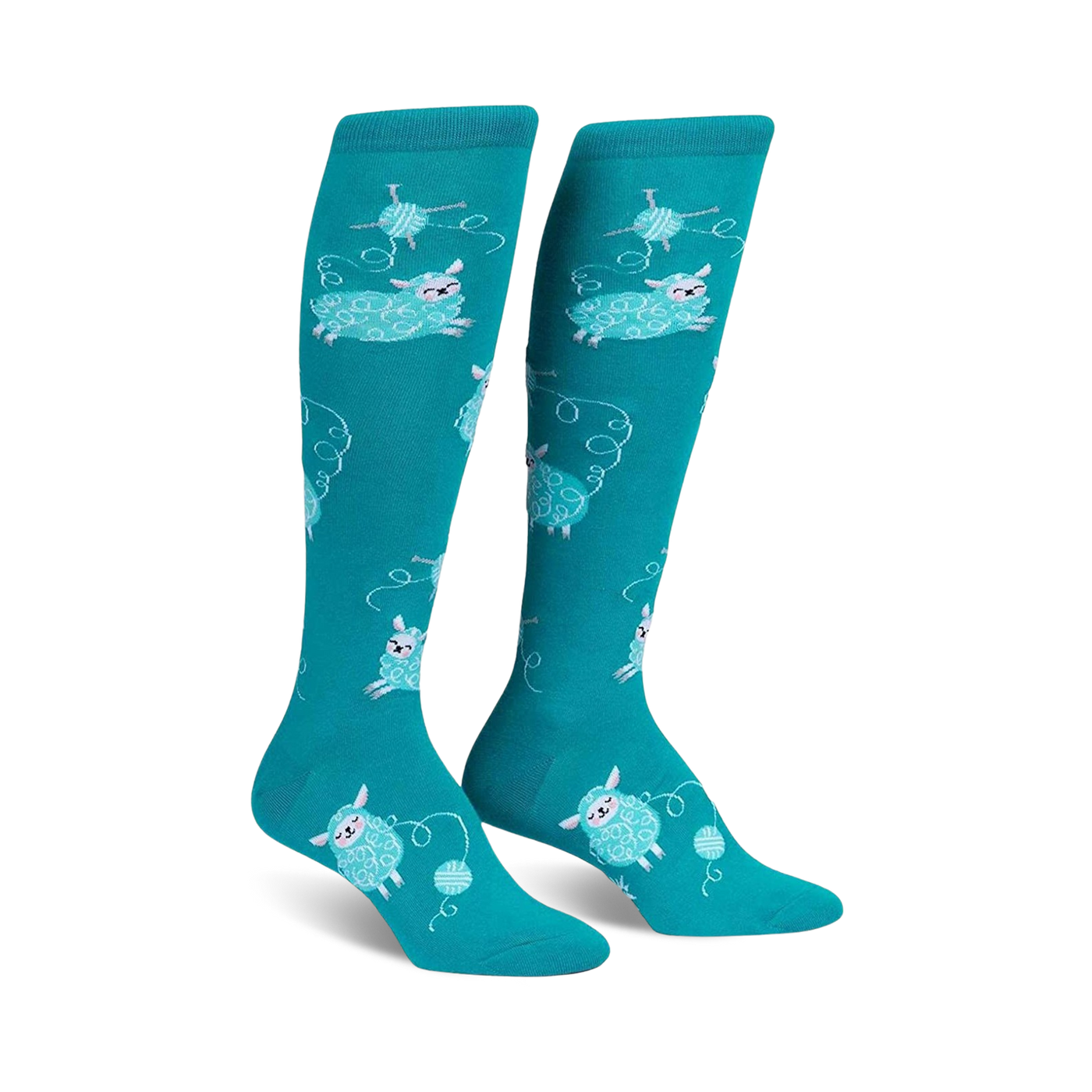 Pair of teal knee-high socks with a repeating pattern of light blue sheep playfully interacting with balls of yarn.