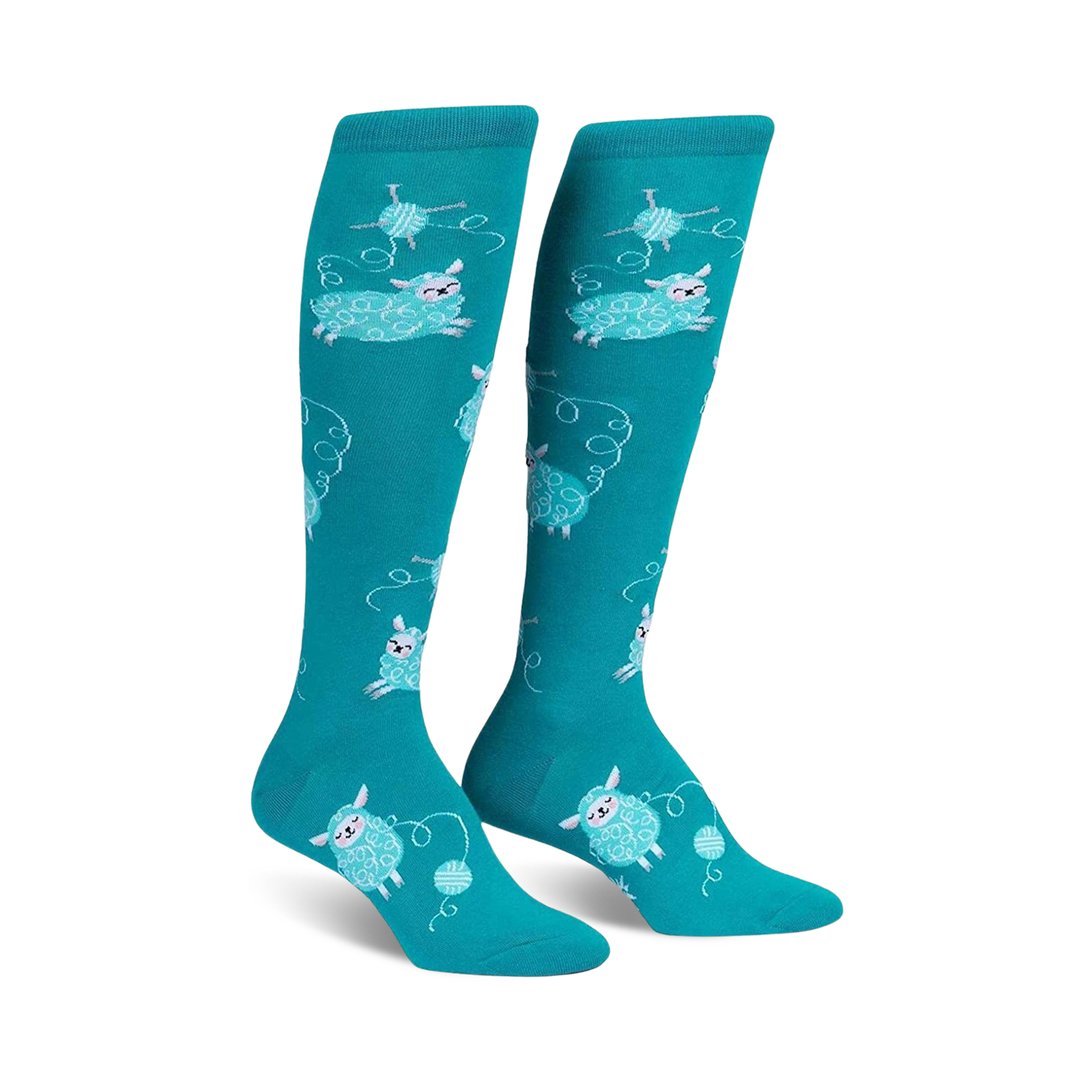 Pair of teal knee-high socks with a repeating pattern of light blue sheep playfully interacting with balls of yarn.
