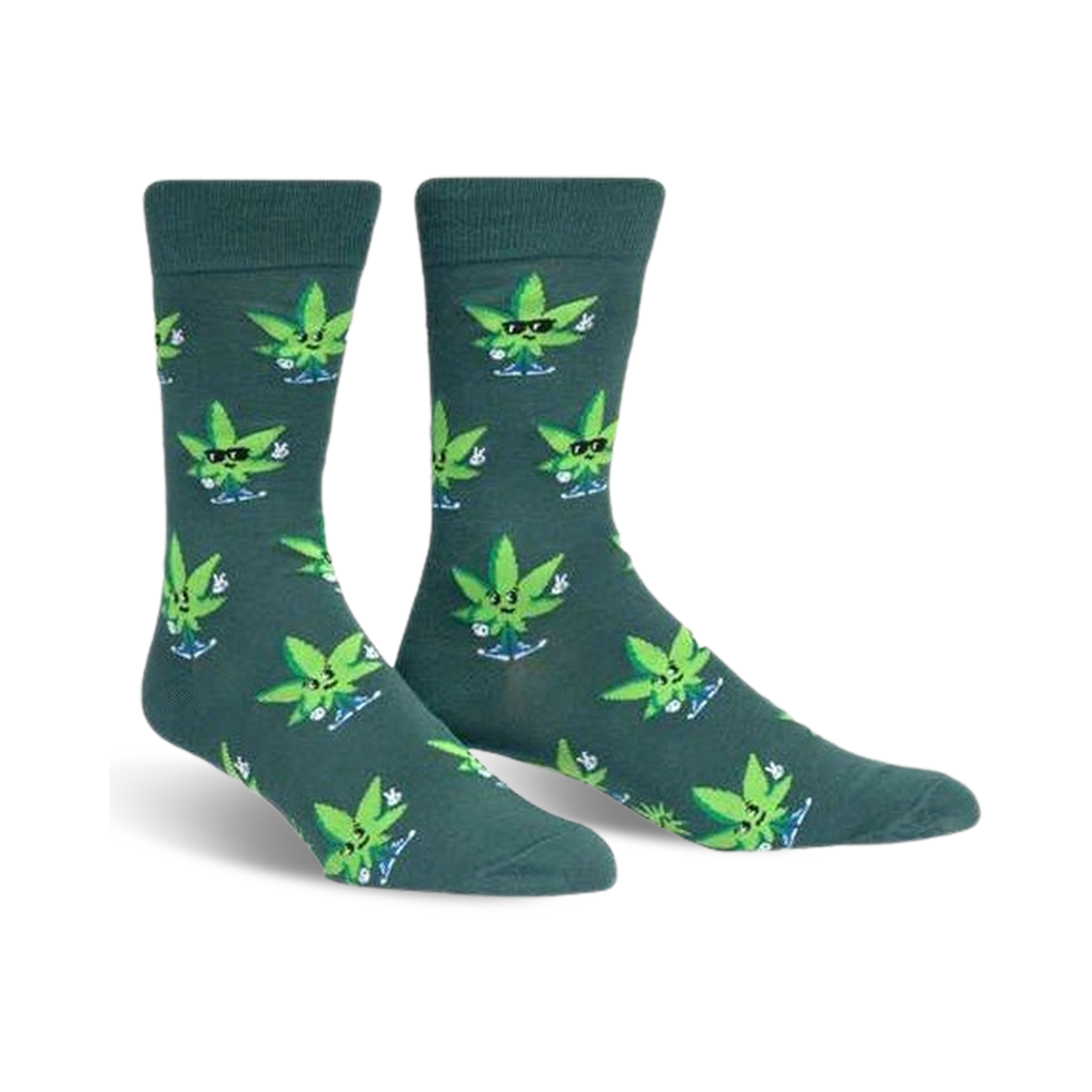 Pair of crew socks in dark teal with a pattern of cartoon marijuana leaves wearing sunglasses and giving peace signs.