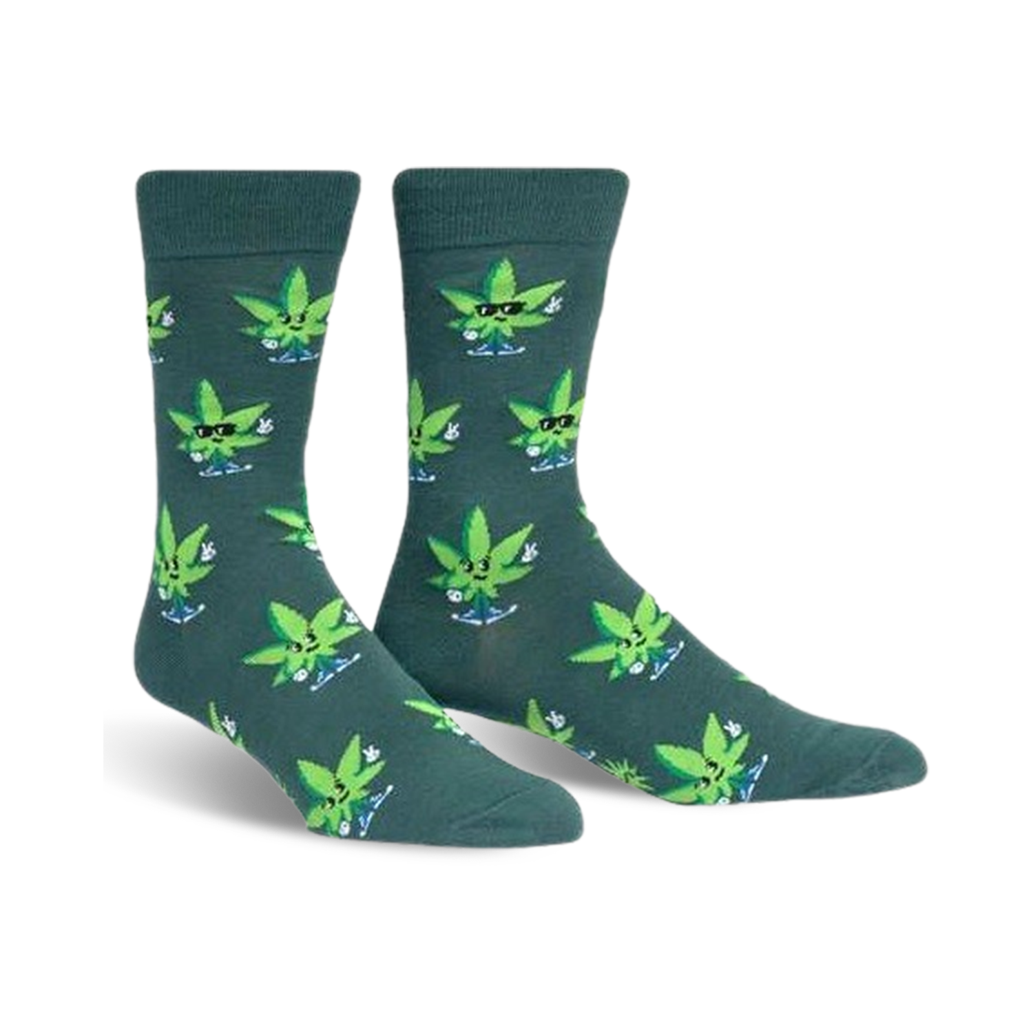Pair of crew socks in dark teal with a pattern of cartoon marijuana leaves wearing sunglasses and giving peace signs.