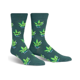   dark green crew socks featuring cartoon marijuana leaves with sunglasses throwing peace signs. peace out.   