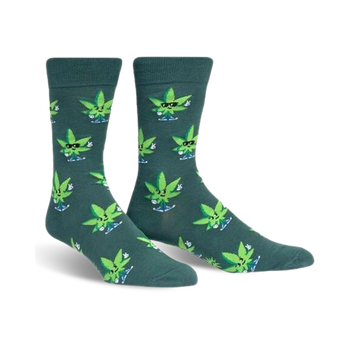   dark green crew socks featuring cartoon marijuana leaves with sunglasses throwing peace signs. peace out.   