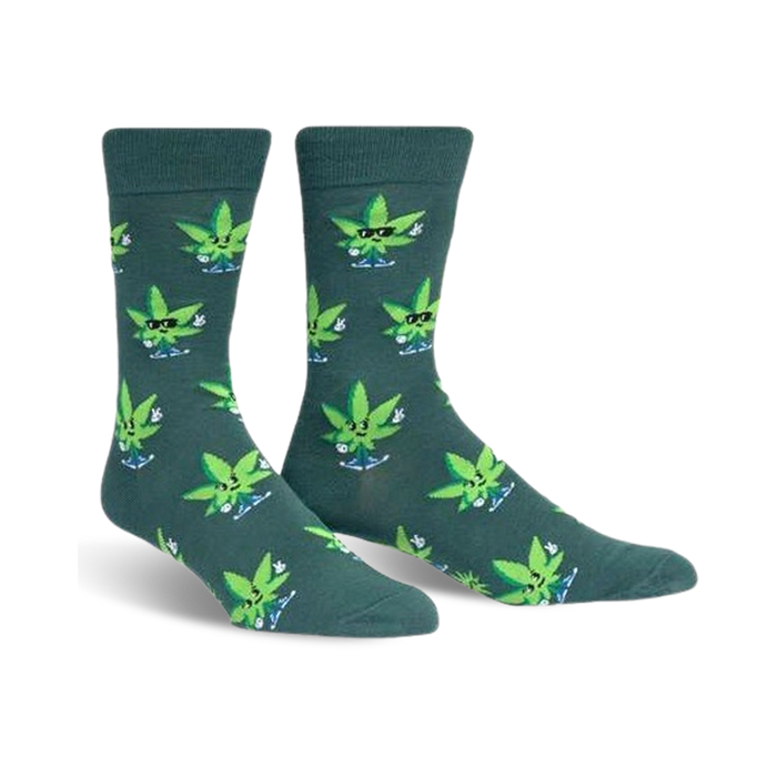   dark green crew socks featuring cartoon marijuana leaves with sunglasses throwing peace signs. peace out.    }}