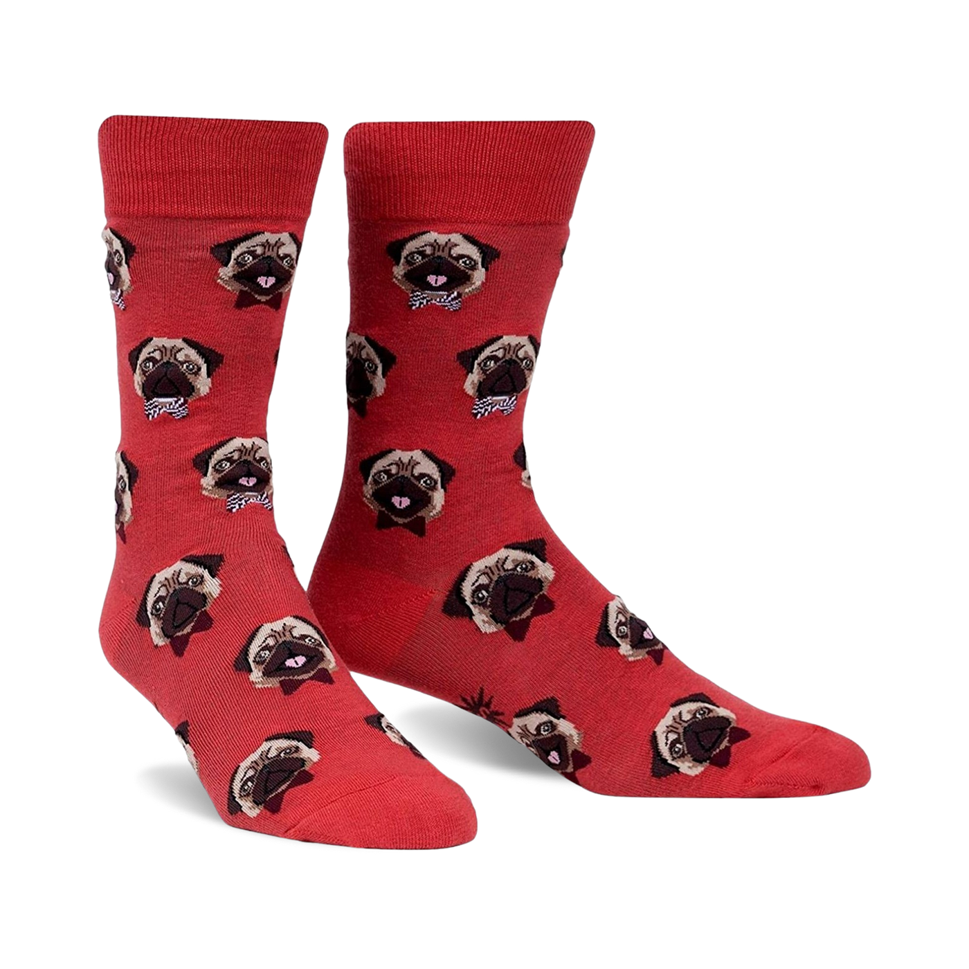 Pair of red crew socks with an all-over print of pugs wearing bow ties.  The pugs are light brown and the background is a coral red.