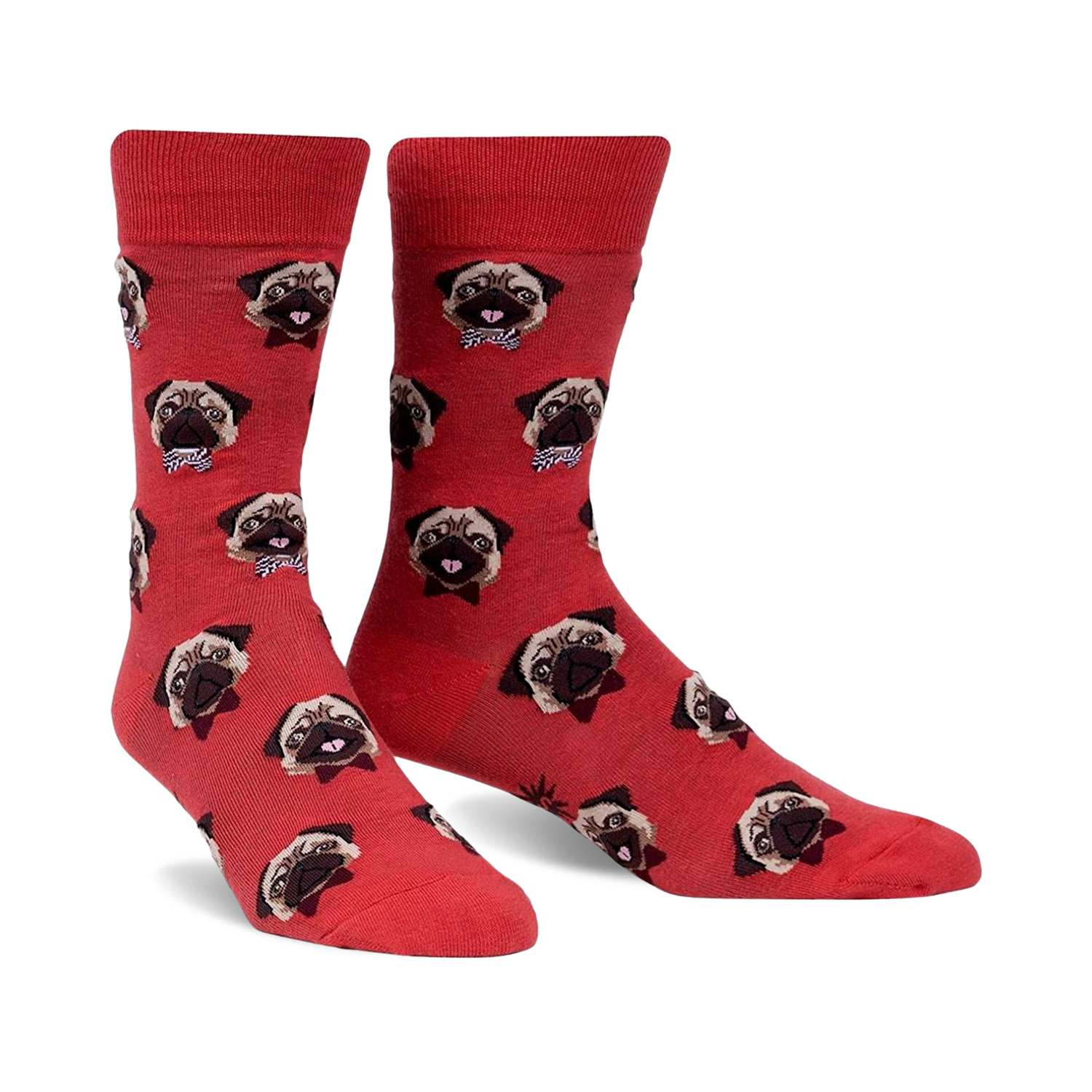 Pair of red crew socks with an all-over print of pugs wearing bow ties.  The pugs are light brown and the background is a coral red.