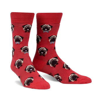 mens red crew socks with pattern of pugs wearing bow ties  